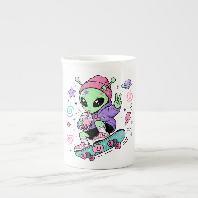 Caneca De Porcelana Design de Bubble Tea com Alien Skater Kawaii (Frente)