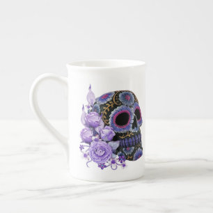 Caneca De Porcelana Dia preto floral roxo do crânio do açúcar do morto