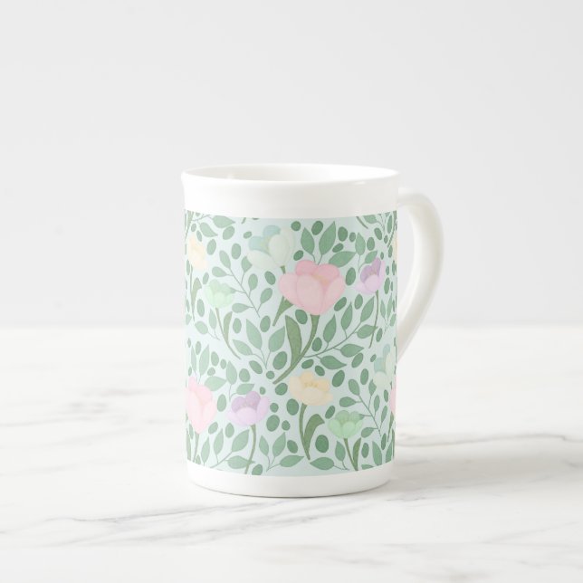 Caneca De Porcelana Doce flores pastéis em azul (Frente Esquerda)