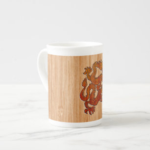 Caneca De Porcelana Dragão oriental vermelho no estilo de bambu