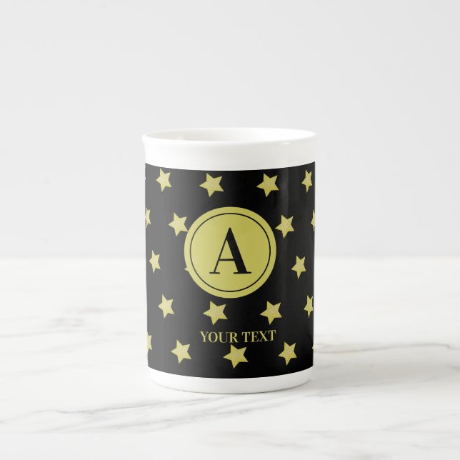 Caneca De Porcelana Elegant Gold & Black Star Pattern Monogram (Frente)