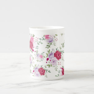 Caneca De Porcelana Elegante Jardim Floral Burgundy e Rosa Lavanda
