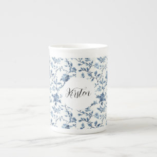 Caneca De Porcelana Elegante Laço Floral Azul Branco