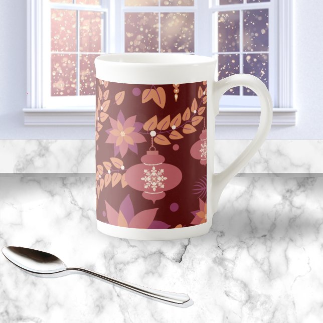 Caneca De Porcelana Enfeites de natal rosa e vermelho (Criador carregado)
