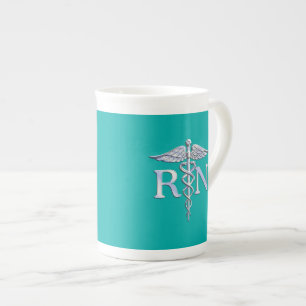 Caneca De Porcelana Enfermeira Registrada RN Silver Caduceus em Turquo