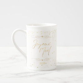 Caneca De Porcelana Entretenimento de Natal Elegante Creme e Dourado