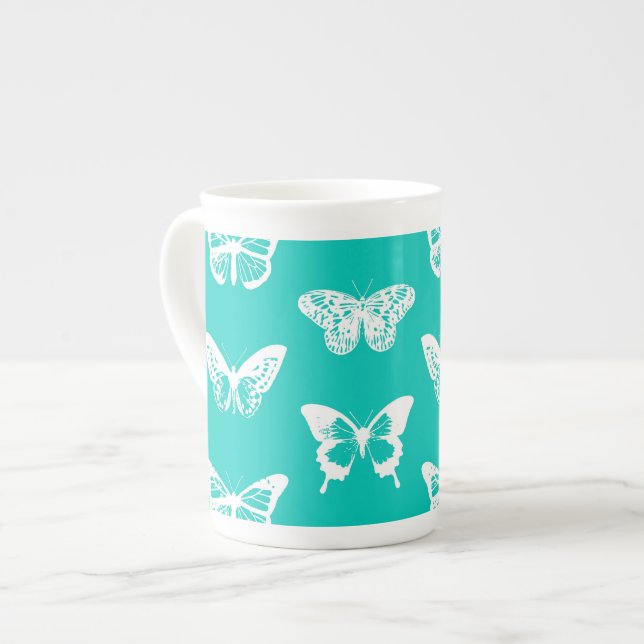 Caneca De Porcelana Esboço da borboleta, turquesa e branco (Frente Esquerda)