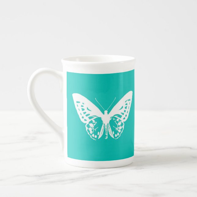 Caneca De Porcelana Esboço da borboleta, turquesa e branco (Esquerda)