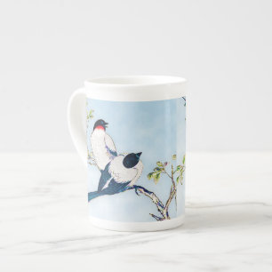Caneca De Porcelana Esboço japonês da tinta do vintage dos passarinh