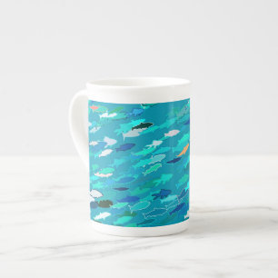 Caneca De Porcelana Escola de peixe azul, branca e turquesa
