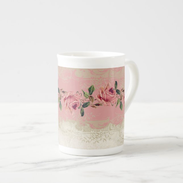 Caneca De Porcelana Estilo Barroco Vintage Rosa (Frente Esquerda)