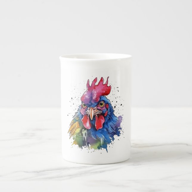 Caneca De Porcelana Estilo de Aquarela de Galinha do País Rooster (Frente)