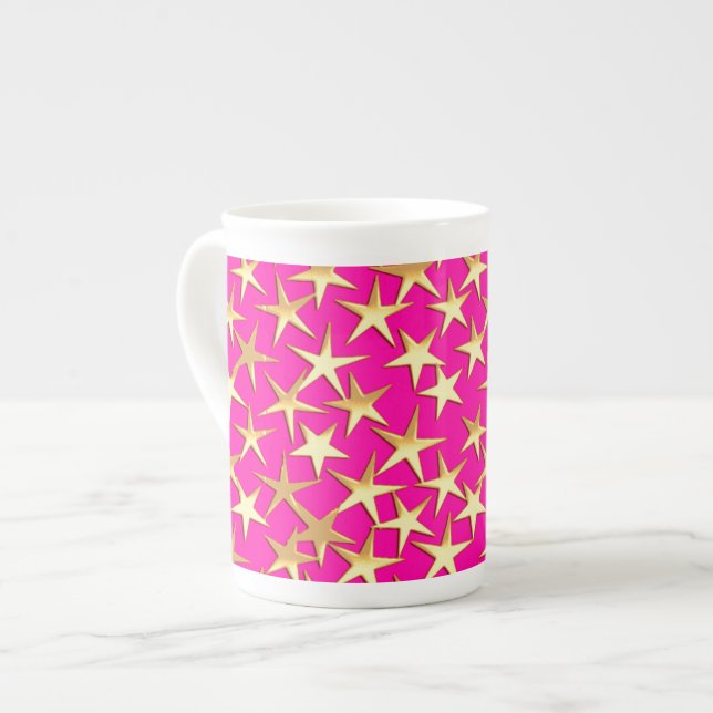 Caneca De Porcelana Estrelas Douradas de cor-de-rosa fuchsia (Frente Esquerda)