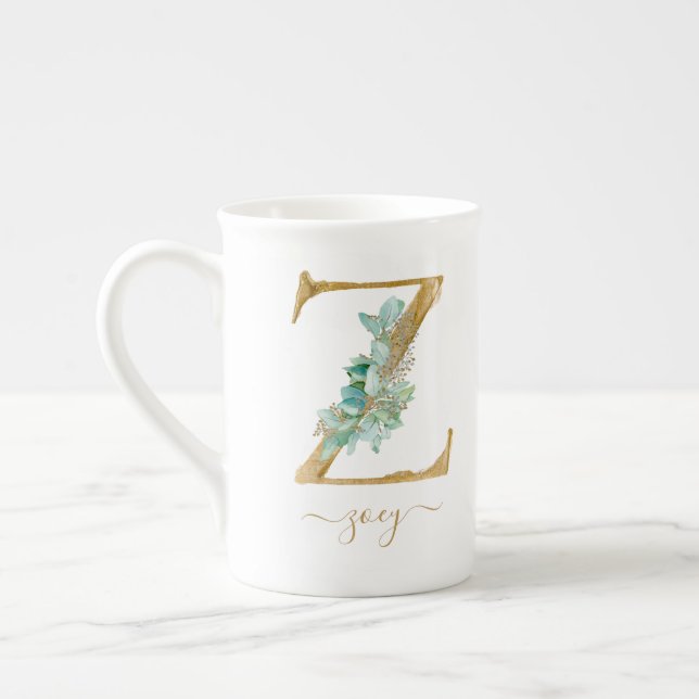 Caneca De Porcelana Eucalyptus Greenerescência Monograma Dourado com A (Esquerda)