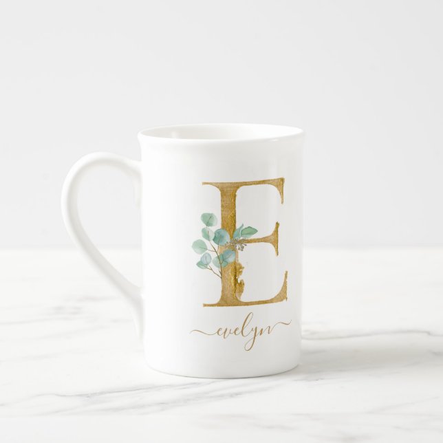 Caneca De Porcelana Eucalyptus Greenerescência Monograma Dourado de Aq (Esquerda)