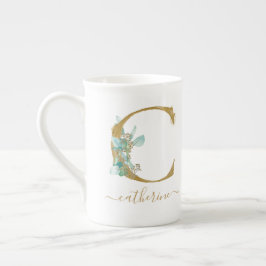 Caneca De Porcelana Eucalyptus Greenery Watercolor Monograma Dourado C