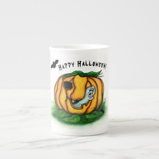 Caneca De Porcelana Fantasma do Halloween, Bat, Ghost e Spider (Frente)