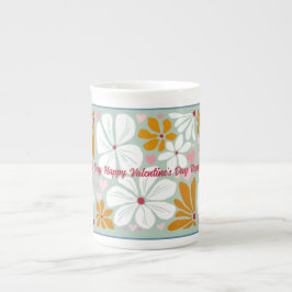 Caneca De Porcelana Feliz Dia dos Namorados coração único boho floral