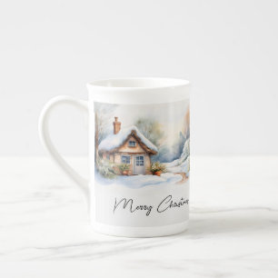 Caneca De Porcelana Feliz Natal Cabine na paisagem nevada