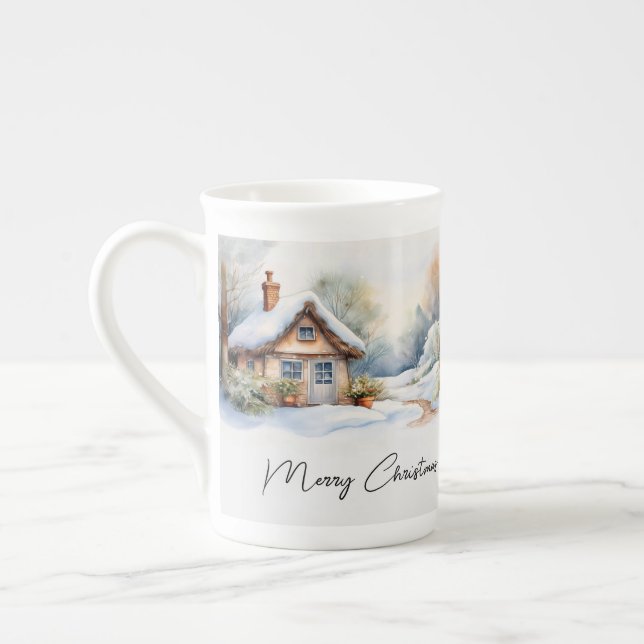 Caneca De Porcelana Feliz Natal Cabine na paisagem nevada (Esquerda)