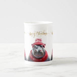 Caneca De Porcelana Feliz Natal Hippo Santa Chapéu e cachecol