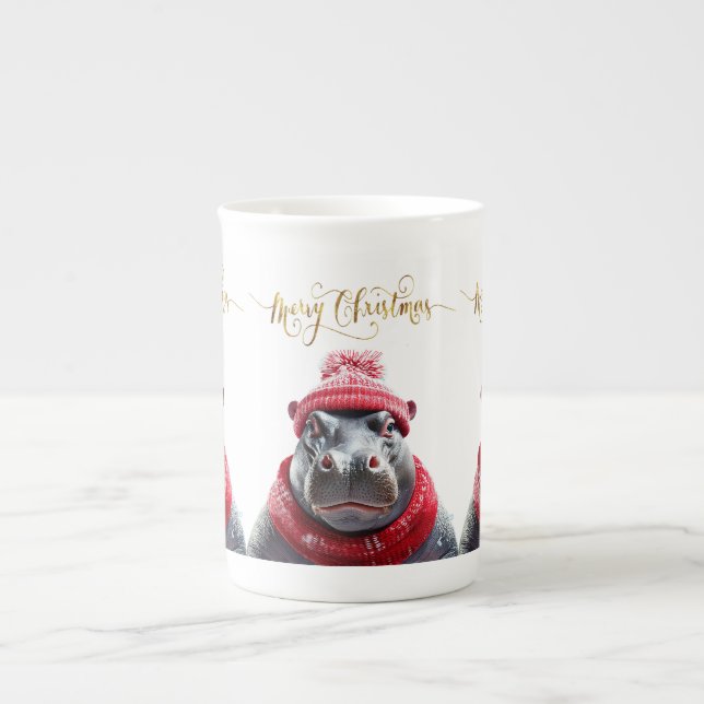 Caneca De Porcelana Feliz Natal Hippo Santa Chapéu e cachecol (Frente)