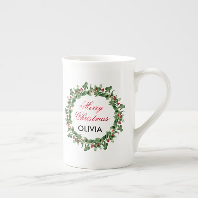 Caneca De Porcelana Feliz Natal Personalizado Holly Wreath (Direita)