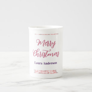 Caneca De Porcelana feliz natal vermelho rosa brilho linhas nome retrô