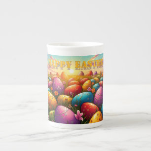 Caneca De Porcelana Feliz Páscoa Ovos Coloridos em Prado de Primavera