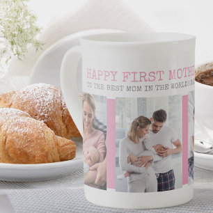 Caneca De Porcelana Feliz Primeiro Dia das Mães Rosa 4 Colagem de Foto