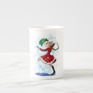 Caneca De Porcelana Feliz Snowman e Girl Dance Tango Festa de Natal