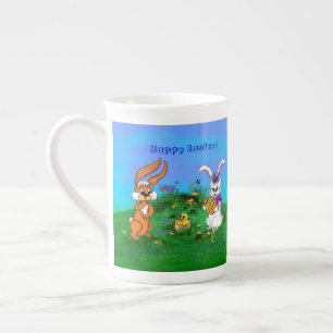 Caneca De Porcelana Felz pascoa! Coelho com coelho e Pintinho