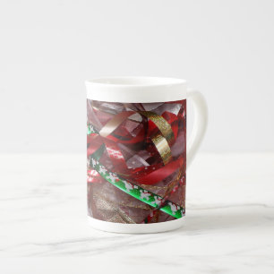 Caneca De Porcelana Fitas de Natal Vermelho Verde e Dourado Feriado