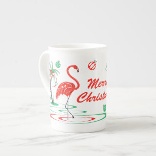 Caneca De Porcelana Flamingo Vermelho de Natal em porcelana óssea