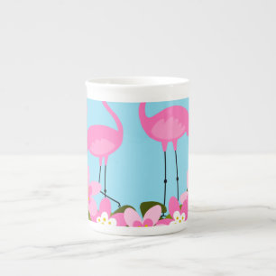 Caneca De Porcelana Flamingos Tropicais e Ilustração Floral