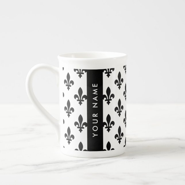Caneca De Porcelana Fleur de Lis, Black on White, Black, Your Name (Esquerda)