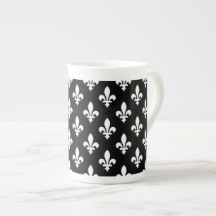 Caneca De Porcelana Fleur de Lis Pattern, Royal French, branco a preto