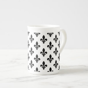 Caneca De Porcelana Fleur de Lis Pattern, Royal French, preto em branc