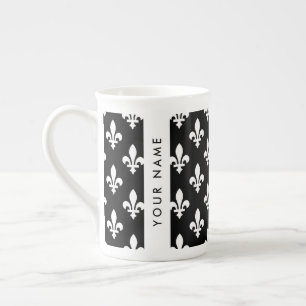 Caneca De Porcelana Flor de Lis, Branco sobre Preto, Branco, Seu Nome