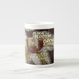 Caneca De Porcelana Flor Orquídea Sobre Nuvem de Palavras Turva