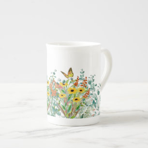 Caneca De Porcelana Florais Flor de Campo e Borboletas