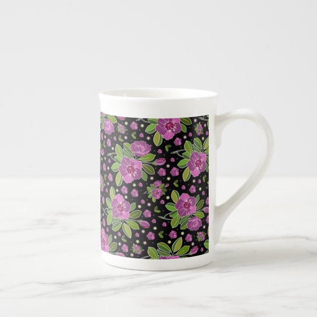 Caneca De Porcelana Floral Pattern Lilac Pink Green Black (Direita)
