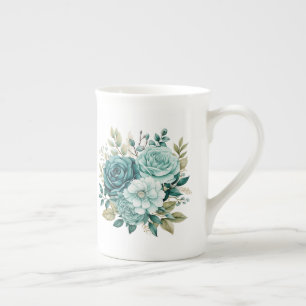Caneca De Porcelana Floral Turquesa