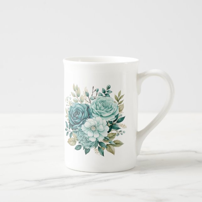 Caneca De Porcelana Floral Turquesa  (Direita)