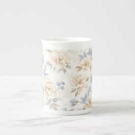 Caneca De Porcelana Flores Azuis Creme Bonitas Românticas  