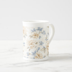 Caneca De Porcelana Flores Azuis Creme Românticas Lindas