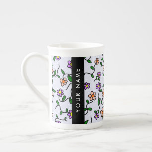 Caneca De Porcelana Flores coloridas, fundo azul, preto