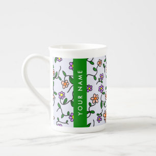 Caneca De Porcelana Flores Coloridas, Fundo Azul, Verde