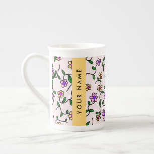 Caneca De Porcelana Flores Coloridas, Fundo Rosa, Amarelo