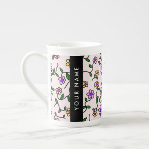 Caneca De Porcelana Flores Coloridas, Fundo Rosa, Preto